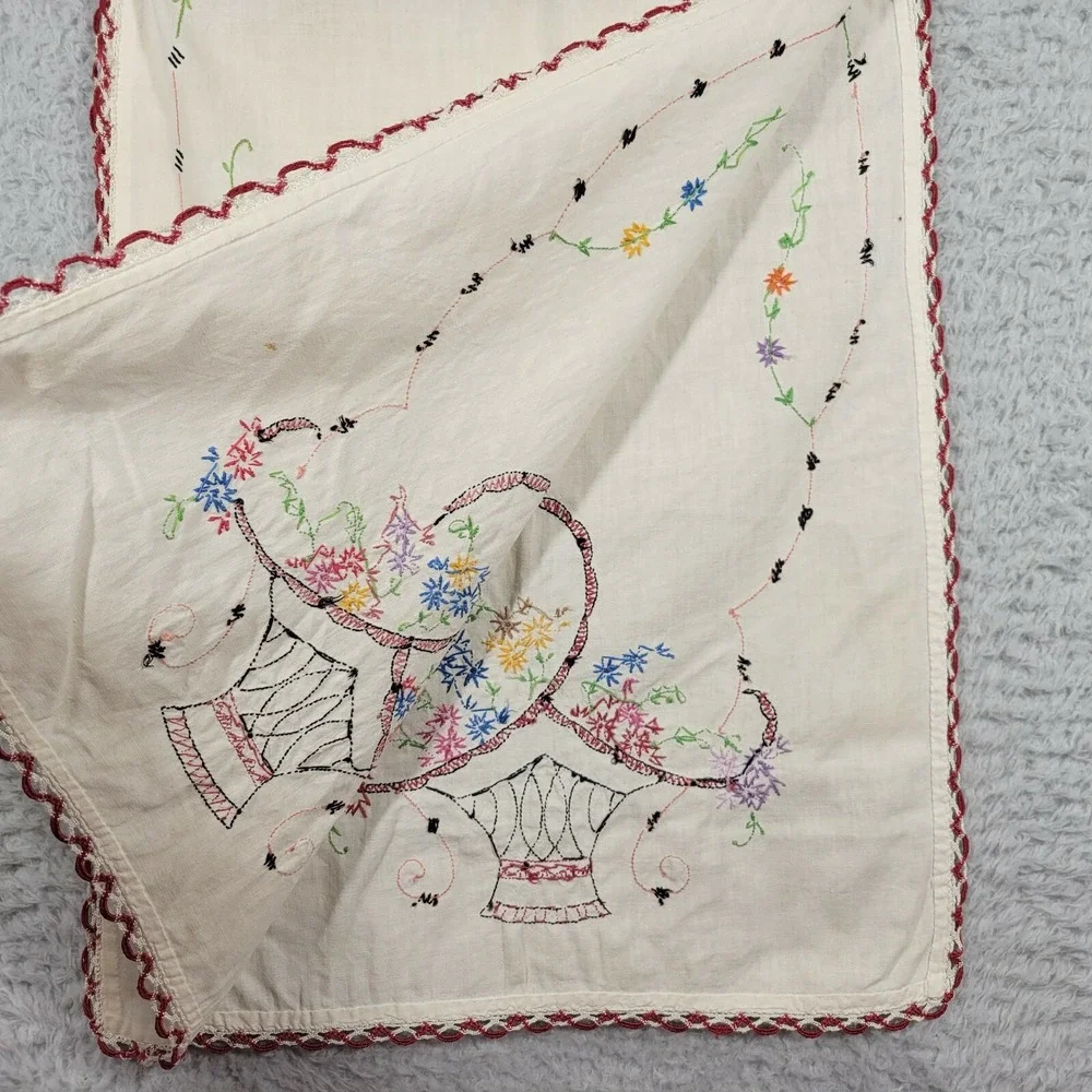 Table Runner Cream Embroidered Floral Basket Crochet Trim 15x40
